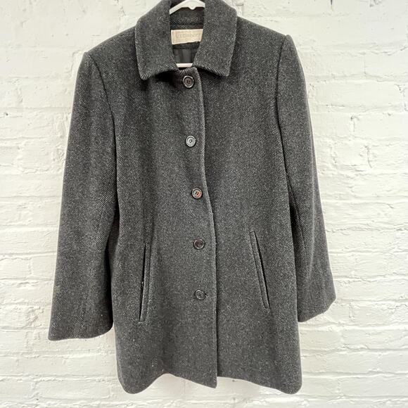 Liz Claiborne Coat Womens Large Gray Herringbone Button Front Lined Warm Winter - Picture 1 of 12